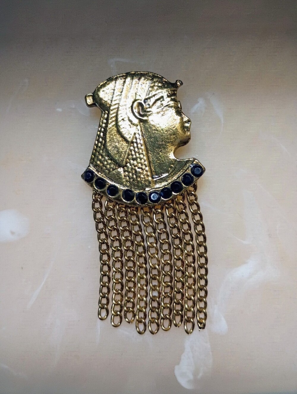 Gold Tone Egyptian Pharaoh Head Dangle Chain Brooch